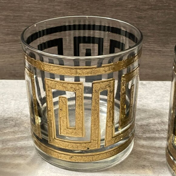 Vintage Culver 22K Gold Greek Key Barware Double Old Fashioned Glasses Set of 3 - Picture 4 of 7